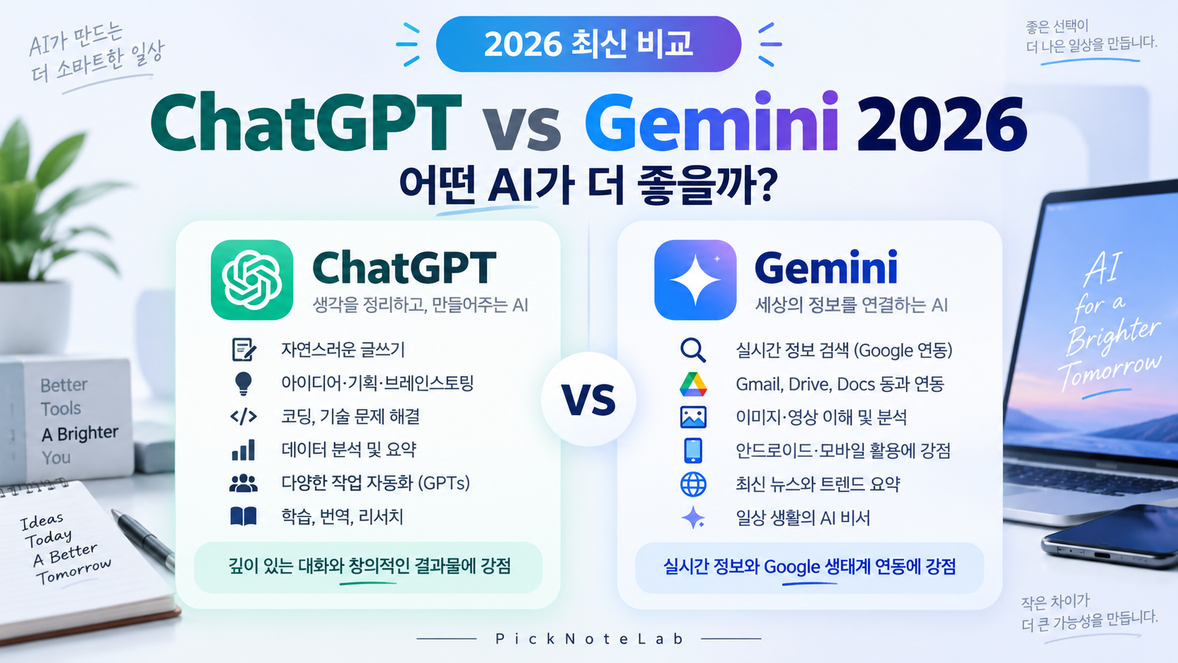 ChatGPT vs Gemini 2026.                           : 어떤 AI가 더 좋을까?