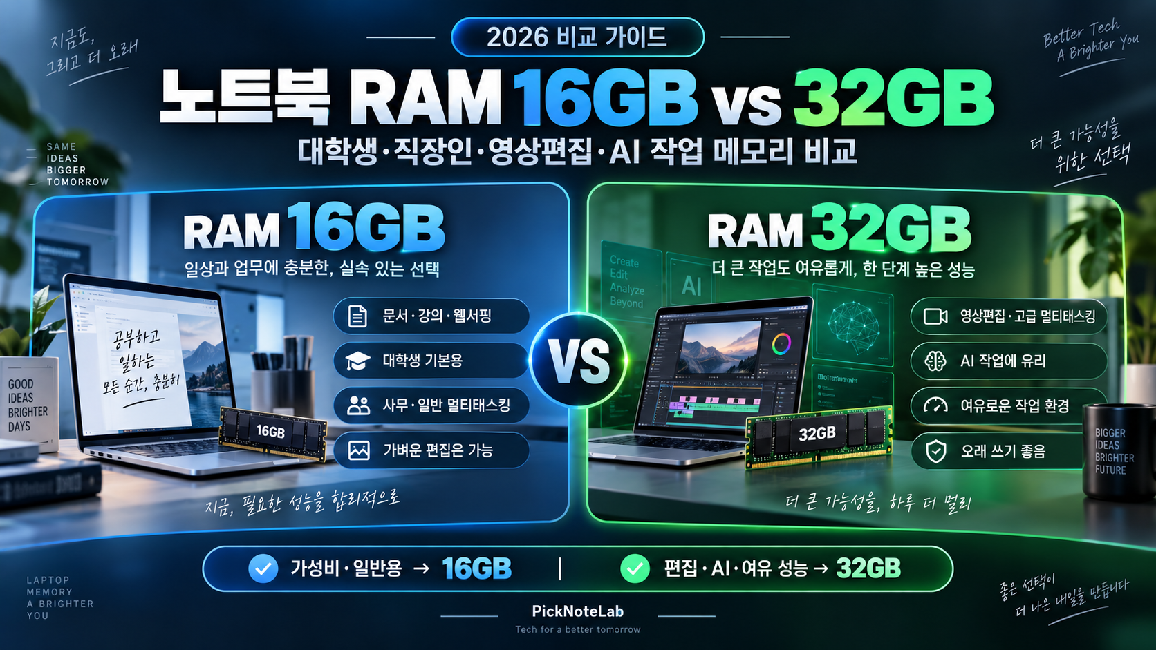 노트북 RAM 16GB vs 32GB 2026｜대학생·직장인·영상편집·AI 작업에는 몇 GB가 적당할까?