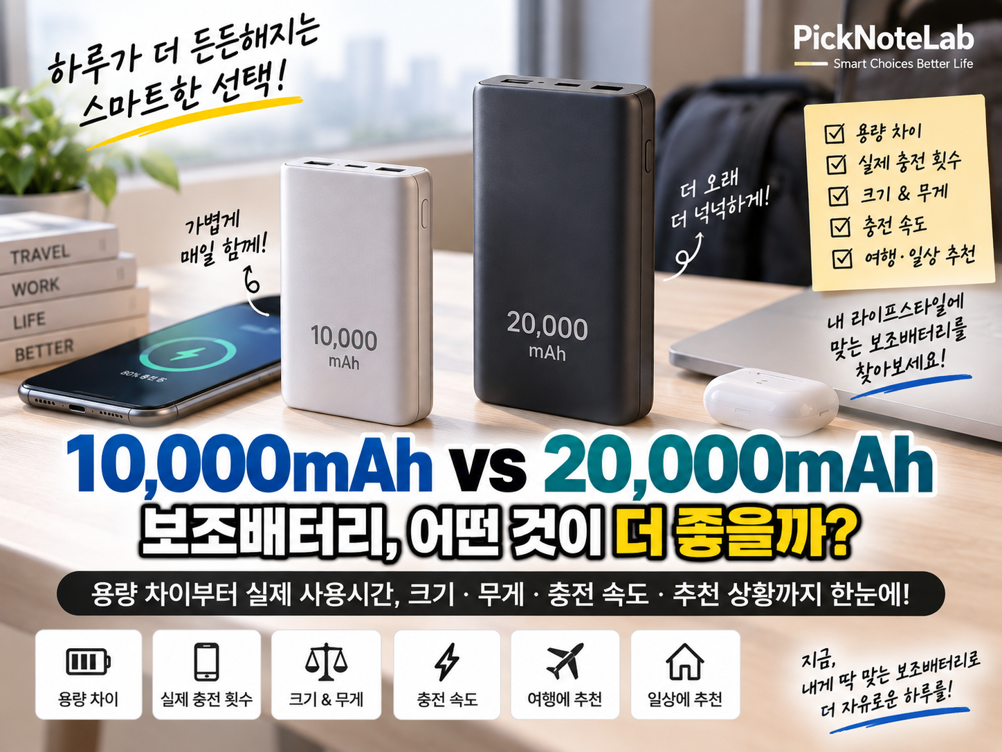 보조배터리 10,000mAh vs 20,000mAh 2026｜출퇴근·여행·출장에는 어떤 용량이 좋을까?